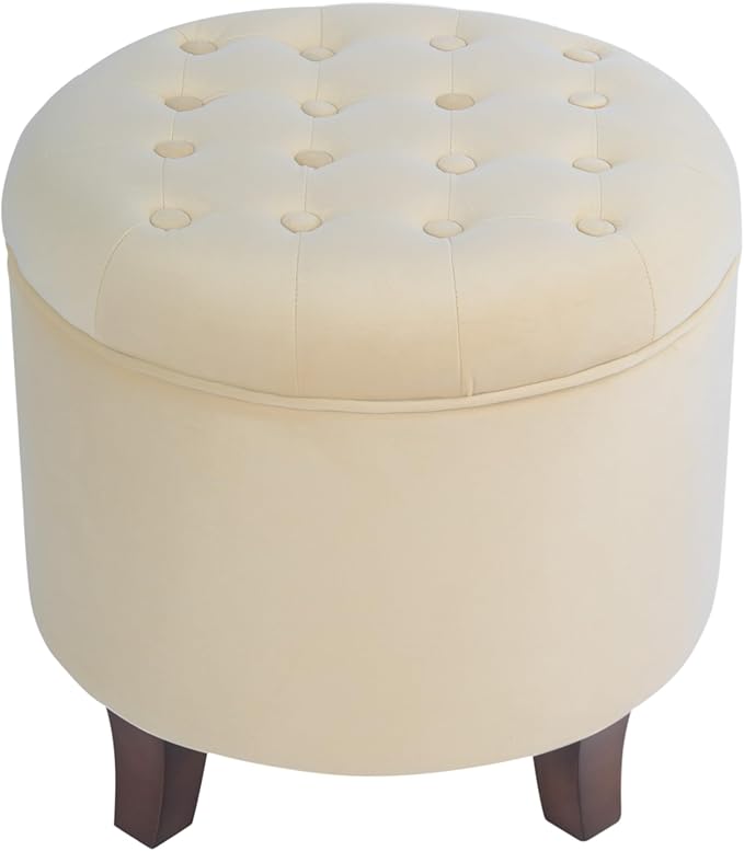 Homepop Home Decor | Upholstered Round Velvet Tufted Foot Rest Ottoman | Ottoman with Storage for Living Room & Bedroom | Decorative Home Furniture, Cream Small