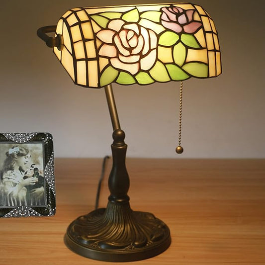Tiffany Style Bankers Table Lamp Stained Glass Piano Desk Lamp Vintage Bedroom Bedside Lamp for Study,Antique Alloy Base,Zipper Switch,Rose d