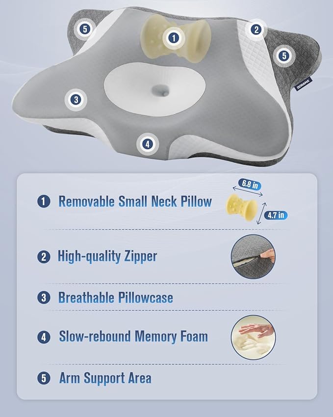 DONAMA Cervical Neck Pillow for Sleeping, Ergonomic Memory Foam Pillows with Built-in/Removable Small Neck Support Pillow, Contour Bed Pillows for Side Back Stomach Sleepers with Cooling Pillowcase