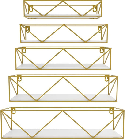 CRUGLA Gold Floating Shelves Wall Mounted Set of 5, Hanging Storage Floating Shelf for Bathroom, Kitchen, Bedroom, Living Room