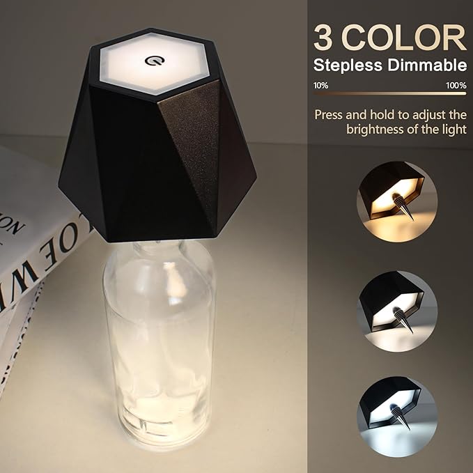Wine Bottle Lamp, 2025 New 3 Color Rechargeable Wireless Bottle Lamp for Liquor Bottles with Touch Dimming for Parties, Restaurants & Home Decor (Black)