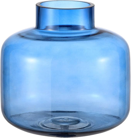 Blue Glass Vase, Short Flower Vase, Round Glass Vases for Flowers, 6 Inch Small Glass Vases for Living Room, Dining Table, Wedding, Bookshelf, Office, Coffee Table