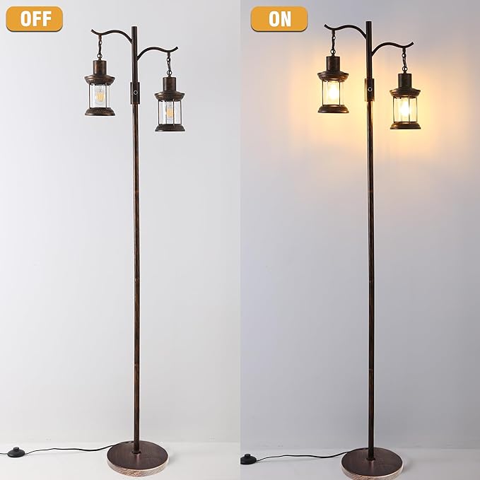 Vintage Dimmable Floor Lamp,2 Classical Lanterns Standing Lamp, Rustic Farmhouse Floor Lamp with Copper Black Finish, for Living Room (Red Copper)