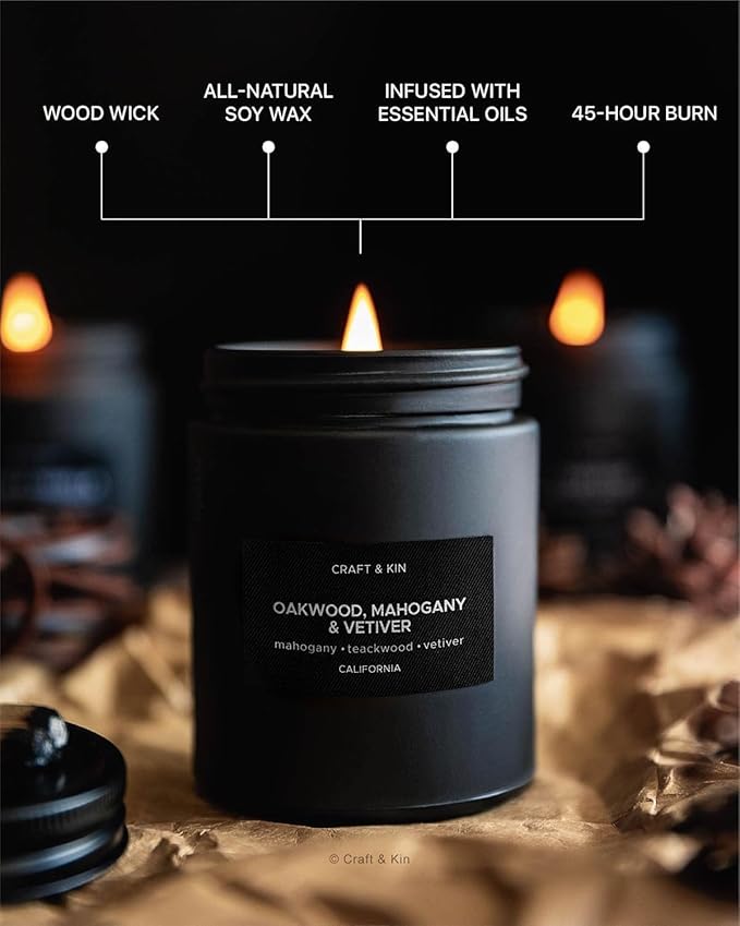 Craft & Kin Premium Oakwood, Mahogany & Vetiver Candle | Black Spring Scented Candles for Men | Long Lasting with 45 Hour Burn Time, 7.6oz | Made with Soy | Aromatherapy at Home | Gifts for Men