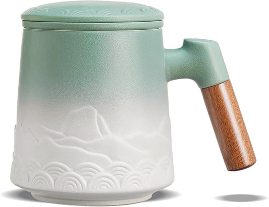 ZENS Tea Mug with Infuser and Lid for Loose Leaf Tea Steeper, 16.9 oz Embossed Ceramic Tea Cup with Fine Tea Strainers, Wood Handle Large Tea Diffusers Mugs, Tea Accessories for Tea Lovers Gifts