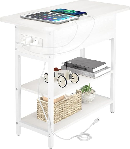 Yoobure End Table with Charging Station, Flip Top Side Table with USB Ports and Outlets, Sofa Couch Table Bedside Table for Living Room Bedroom, Narrow Nightstand with Storage Shelves for Small Spaces