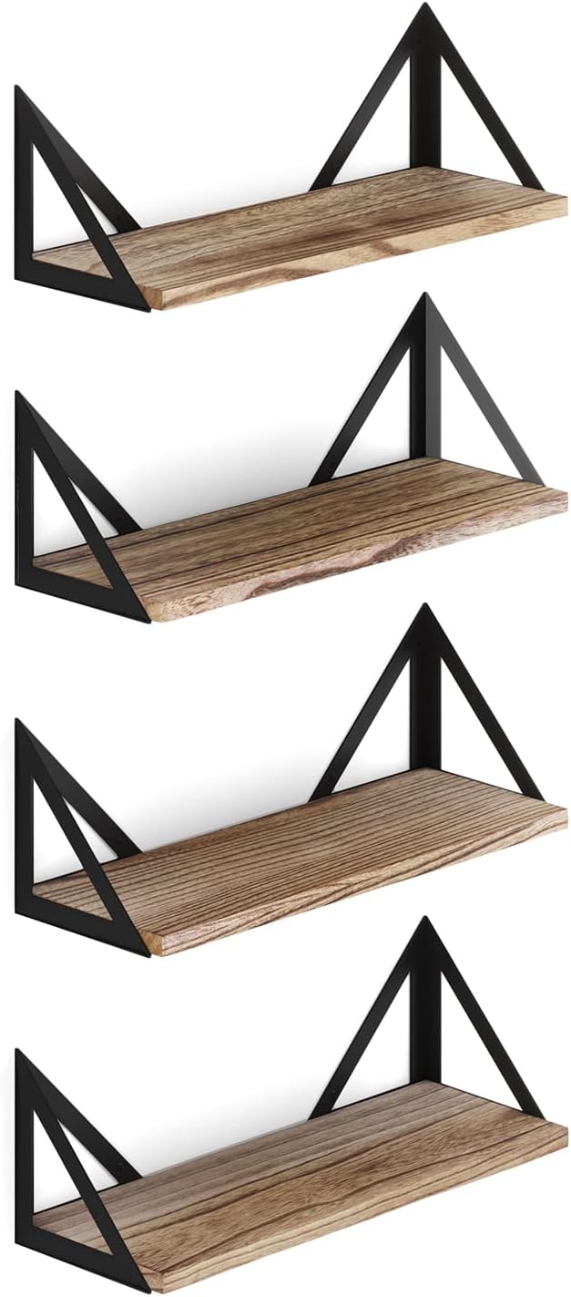 Wallniture Minori Floating Shelves Set of 4, Small Bookshelf Unit for Bedroom, Office, Bathroom, and Living Room, Natural Burned Rustic Wood Wall Decor with Metal Floating Shelf Bracket