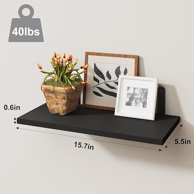 Fixwal Floating Shelves - 4 Set Farmhouse Wood Wall Mounted Shelves for Bedroom & Bathroom Storage, Book Shelf - Black