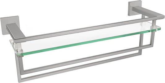 Bathroom Shelves Glass Shelf with Bar 20 Inch Floating Tempered Glass Shelf with 2 Towel Rails for Modern Shower Bath Storage Glass Rack Wall Mounted Stainless Steel Brushed Nickel，A7617BN