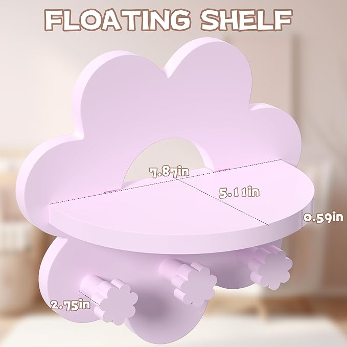 Floating Shelf for Wall, Hanging Display Wall Shelf with Hooks Wooden Daisy Flower Shelf for Bathroom Living Room Bedroom Wall Decor, Pink