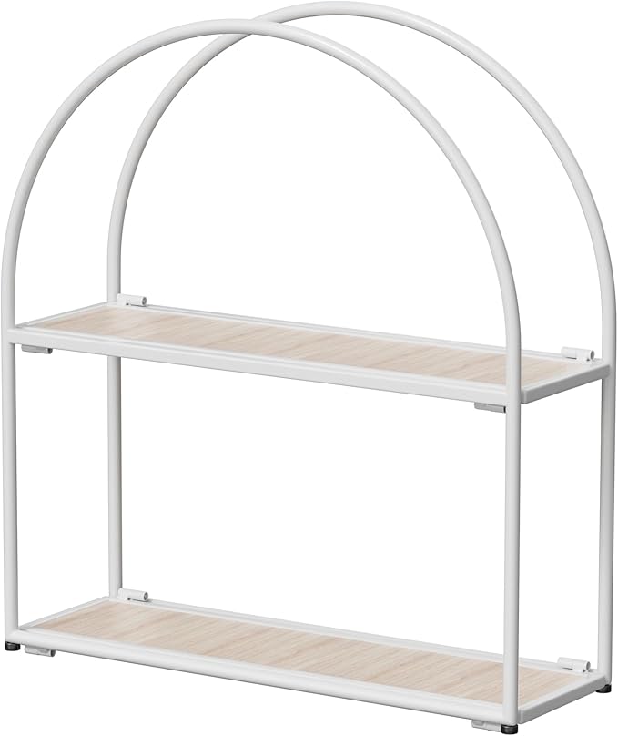 Crofy White Arched Frame Wall Shelf, Decorative 2 Tier Bathroom Wall Shelf with White Oak Finish Shelves and Robust Storage Capacity, 6" D x 17.9" W x 19.18" H
