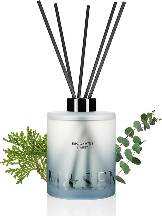 M&SENSE Eucalyptus Mint Reed Diffuser Set - 16.9 fl oz Long-Lasting Fragrance, Non-Toxic Scent Diffuser with Natural Oil Sticks | Housewarming Diffuser Gift for Mothers Day, Bathroom & Home Decor