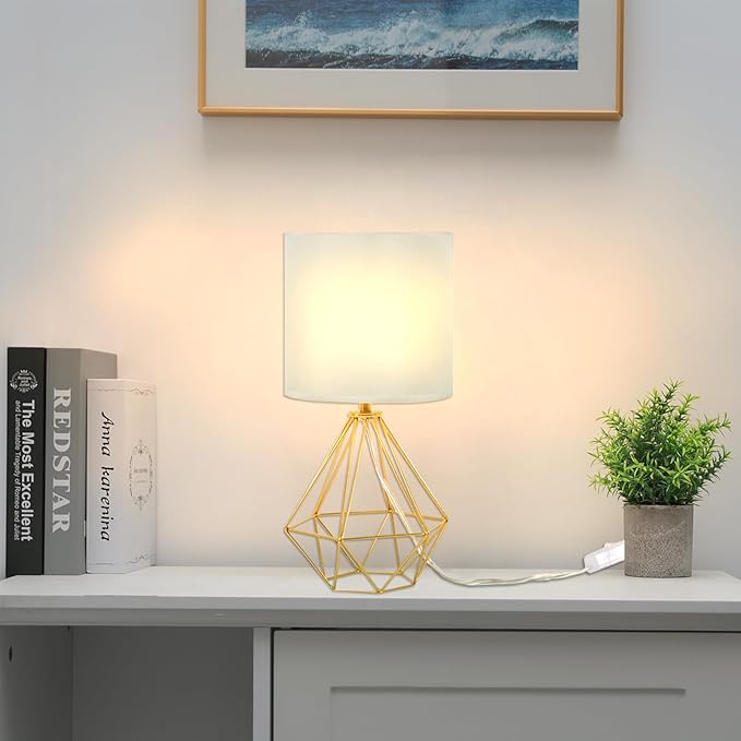 COTULIN Gold Modern Small Table Lamp for Bedroom & Living Room - Geometric Metal Base, White Fabric Shade, Ideal for Bedside & Kids' Desk, Nightstand Lamp