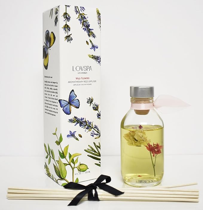 LOVSPA Wild Flowers Reed Diffuser Set - Rose, Jasmine, Sweet Pea & Dark Amber Scent Diffuser - Non-Toxic Oil Reed Diffuser - Made in The USA