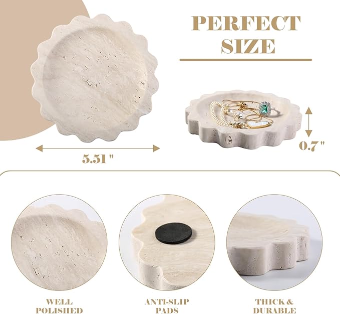 Koville Travertine Jewelry Dish, 5.51" Round Trinket Dish for Ring Necklace Earring Perfume, Natural Stone Decorative Tray for Countertop Bathroom Kitchen Dresser, Beige Travertine Tray
