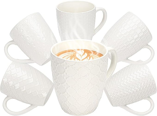 Hoikwo Off White Coffee Mugs Set of 6, Ceramic Cup Set, 17 oz Artistic Drinkware for Coffee, Tea, and Beverages, Family Pack of 6 Unique Patterns, Microwave Safe and Dishwasher Safe