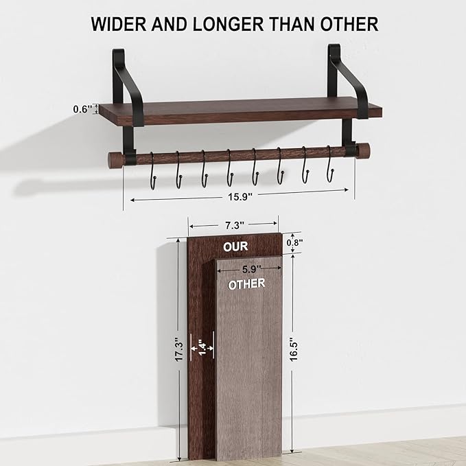 Love-KANKEI Floating Shelves for Coffee Bar, 17.3 Inch Bathroom Shelves Set of 2 with Wood Bar, 8 Hooks for Kitchen, Bedroom,Living Room, Dark Walnut