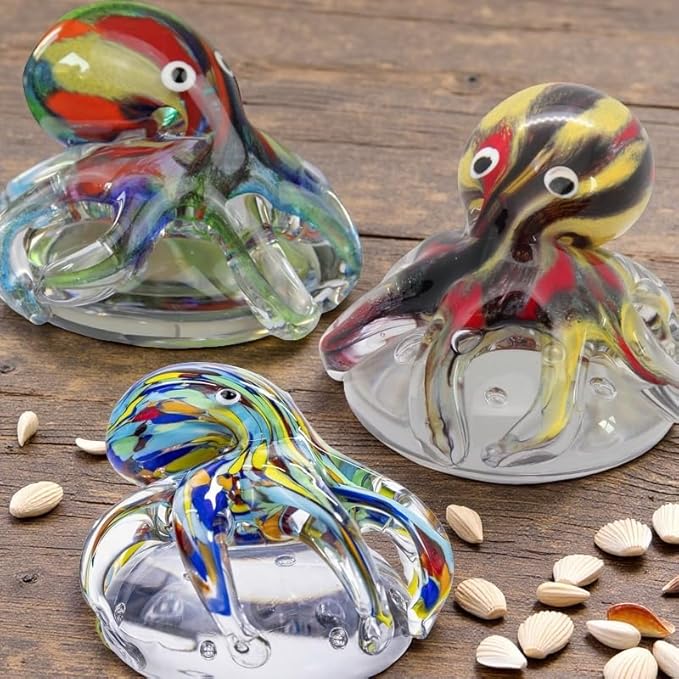 Hand Blown Glass Octopus Figurine with Iridescent Tentacles & Polished Crystal Base, Sea Life Figurines for Decorating Fish Tank Aquariums, Glass Paperweight (Black)