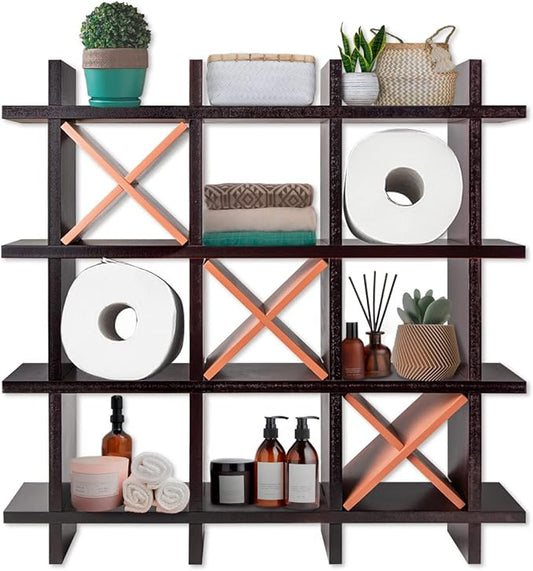 Rustic Tic-Tac-Toe Toilet Paper Holder for Bathroom – Rustic Storage Shelves for Toilet Tissue in Distressed White Color – Freestanding or Wall Mount Bath Shelves for Your Farmhouse Decor