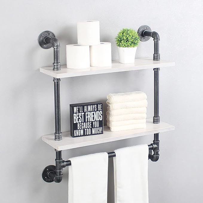 Iron Pipe Shelves, 2 Tier Industrial Bathroom Shelves with Towel Bar, Rustic Metal Pipe Wall Shelf, 24in - Retro White