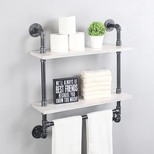 Iron Pipe Shelves, 2 Tier Industrial Bathroom Shelves with Towel Bar, Rustic Metal Pipe Wall Shelf, 24in - Retro White