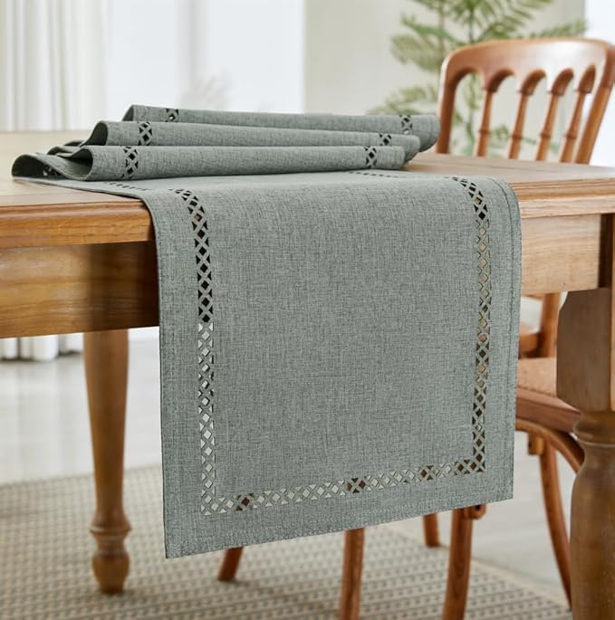 Burlap Style Farmhouse Table Runner, 13 x 72 Inch Grey, Rustic Geometric Hollow Table Runners 72 Inches Long for Dresser Table Everyday Use, 13x72 Inches, Grey