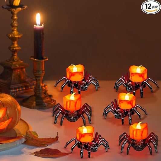 12 PCS Halloween Tea Lights Candles, Battery Operated Halloween's Flameless LED Candles, Spider Tealights Spooky Electric Flickering Fake Candle for Halloween Party Decorations