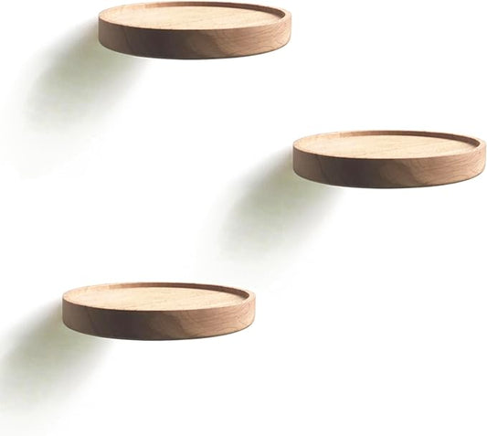 Coracle Floating Shelf wood round Wall Mounted Showcase Wall Shelf Hanging Planter Storage Wooden Shelf for plants photo candle Invisible Wall Decoration Design (Set of 3 Diameter Ø5.9 inch)