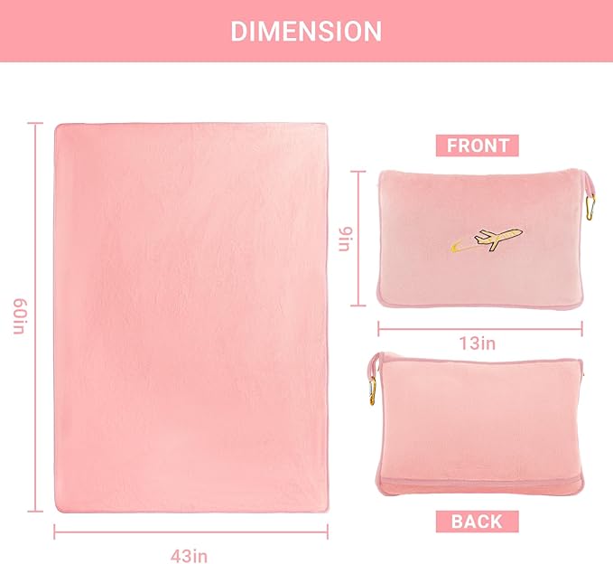 3 in 1 Travel Pillow and Blanket Set, Premium Soft 300 GSM Thick Airplane Blanket Compact with Bag for Long Trips Essentials, Hand Luggage Sleeve and Backpack Clip (Pink)