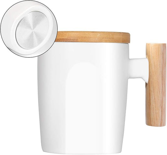 HOWAY Flat Bottom Mug with Wood Lid, Ceramic Tea Cup for Coffee Warmer, Universal, Flat Bottomed, Wooden Handle, 14oz