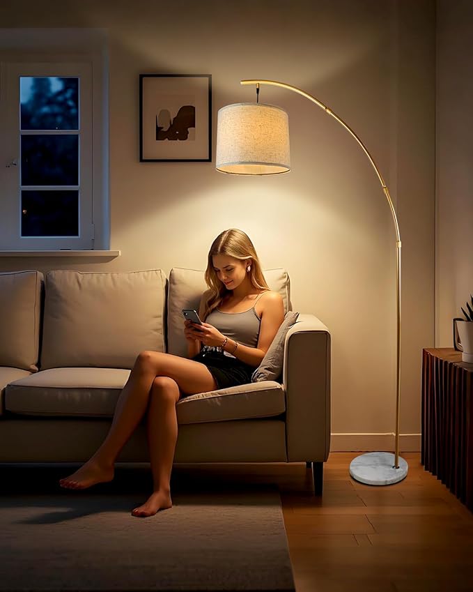 Lightdot Arc Floor Lamps for Living Room, Modern Standing Lamp with Hanging Drum Shade, Tall Standing Floor Lamp with Foot Switch, Over Couch Arched Reading Light for Bedroom, Office (Gold)