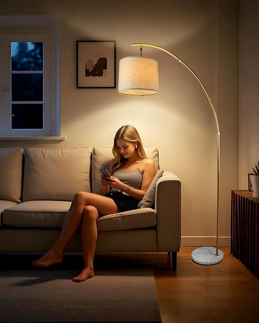 Lightdot Arc Floor Lamps for Living Room, Modern Standing Lamp with Hanging Drum Shade, Tall Standing Floor Lamp with Foot Switch, Over Couch Arched Reading Light for Bedroom, Office (Gold)