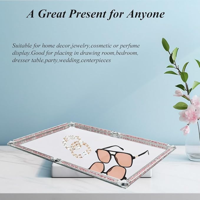Large Mirrored Vanity Tray, Crushed Diamond Filled Crystal Glass Cosmetic Makeup Tray, Sparkle Perfume Jewelry Trinket Countertop Decorative Tray, for Home Party Hotel Banquet Dresser Bathroom Bedroom