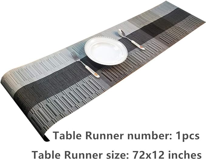Placemats with Table Runner Set Place Mats, Woven Crossweave Vinyl Kitchen Tablemat, Washable PVC Table Mats for Dining Table, Parties, Farmhouse, Thanksgiving, Christmas & Gathering (Silver & Black)