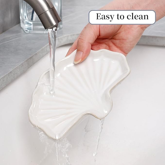 Soap Dish, Bar Soap Holder Self Draining Shell Shape Soap Dishes, White Ceramic Drain Soap Holder for Sink Bathroom Shower Kitchen, Easy to Clean Keeps Soap Dry, ANTIS'S HOME