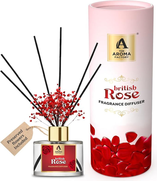 The Aroma Factory Fragrance Reed Diffuser Set with Natural Essential Oil, Aroma Sticks & Real Preserved Flowers | Luxury Home Decor Scent (British Rose, 1 Pack)