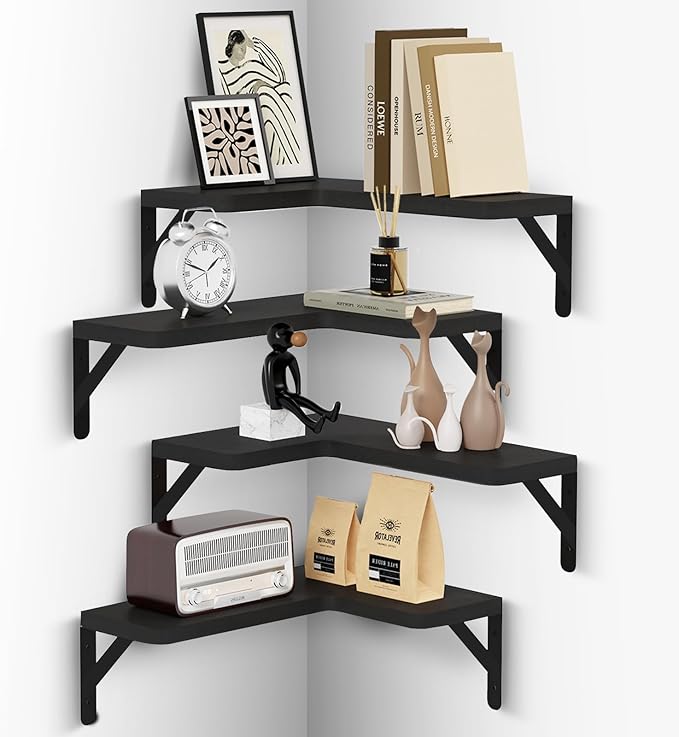 Muzilife Corner Floating Shelves Wooden Floating Shelve Set of 4, Wall Mounted for Storage, L-Shaped Shelves for Wall Decor Wall Organizer for Bedroom, Bathroom, Kitchen, Living Room and Office, Black