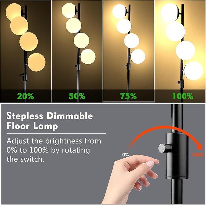 64IN Dimmable Black Floor Lamp, Tall Standing Lamps with 4 Globe Soft Warm White Eye Care 3000K G9 Bulbs, Mid Century Modern Floor Lamp for Bedroom Office