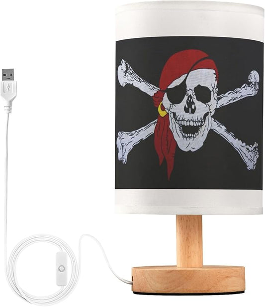 Table Lamp Pirate Skull Crossbones Nightstand Lamp with Wood Base Fabric Lamp Shade Bedside Desk Lamp for Living Room Bedroom Kids Room Office