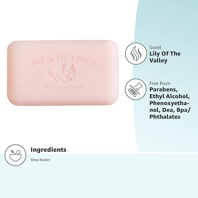 Pre de Provence Artisanal Soap Bar, Natural French Skincare, Enriched with Organic Shea Butter, Quad Milled for Rich, Smooth & Moisturizing Lather, Lily of the Valley, 5.3 Ounce