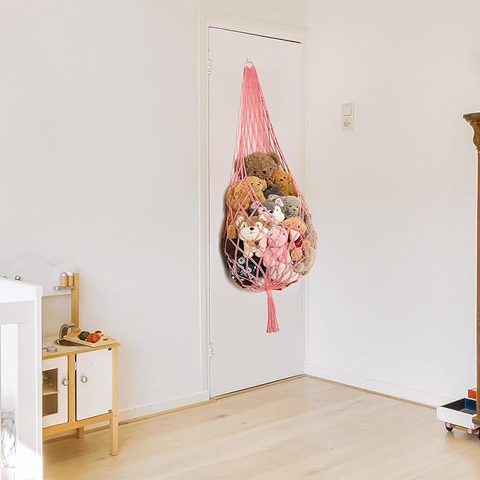 Stuffed Animal Net or Hammock Corner Hanging Net for Stuffy Animal Storage Macrame Toy Display Plush Toy Holder Wall Pet Net for Nursery Kid Bedroom Decor Playroom Organizer (Pink)
