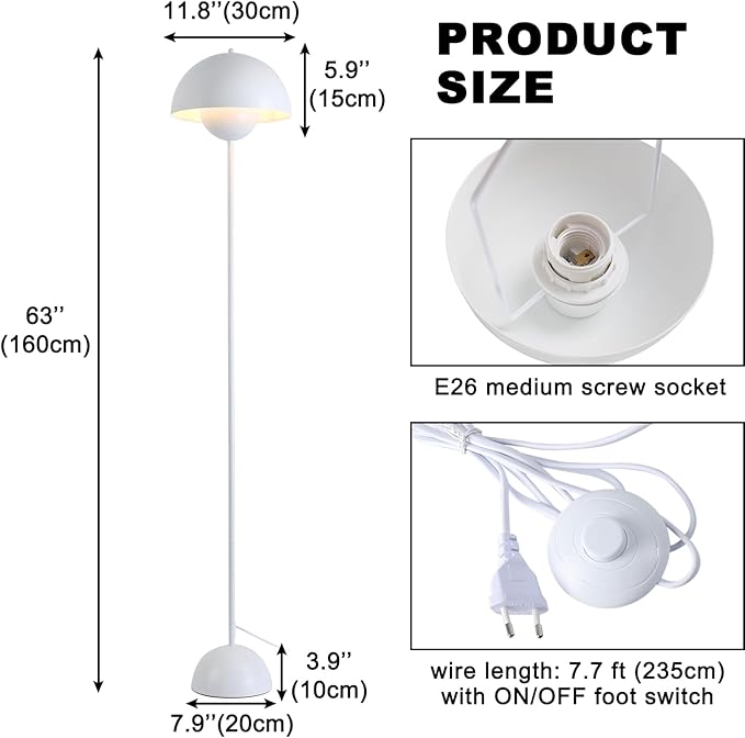 COSYLUX Modern Floor Lamp for Living Room, Industrial Tall Standing Lamp for Bedroom, Metal Shade Reflecting Light Reading Floor Lamp for Office, Nursery Room, Corner(White)
