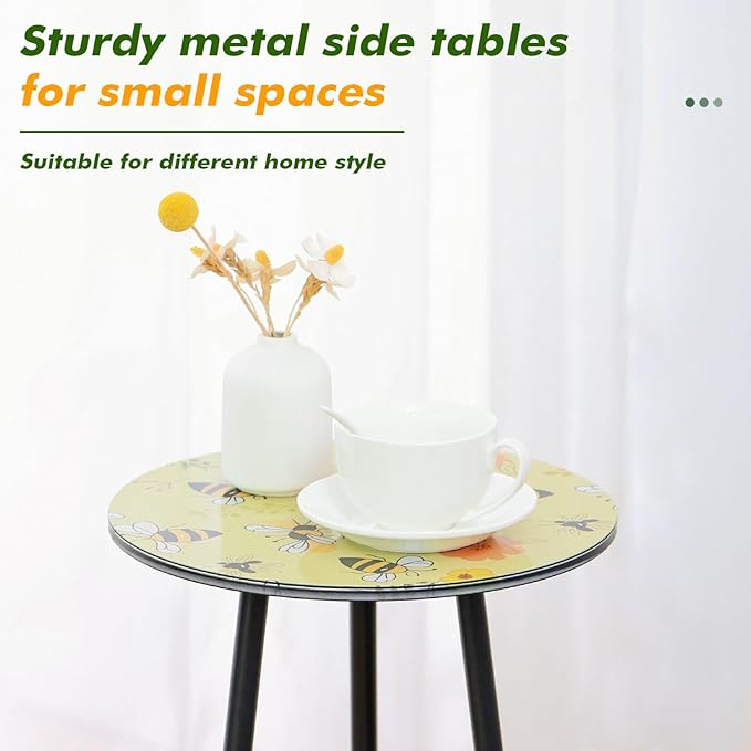 2 Packs Metal Mosaic Round Side Table 13.2" Small Outdoor Patio Round Accent Coffee Tables Indoor Corner Stand for Small Spaces Weather-Resistant for Balcony Plant Stand, Yellow Bee
