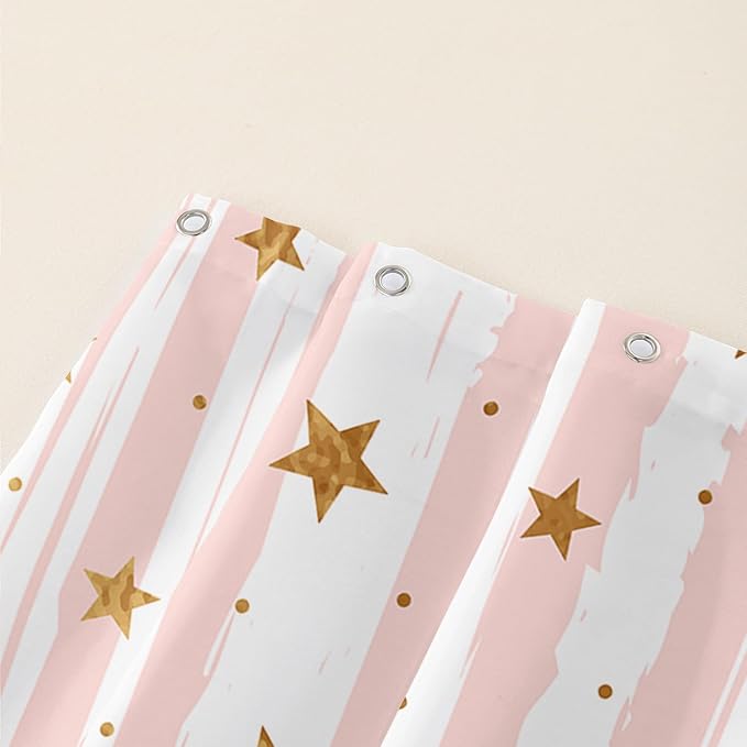AILONEN Stars Shower Curtain, Pink Striped and Gold Stars Waterproof Shower Curtain,Simple Vintage Style Shower Curtain Liner for Girls Women Adults,72" W*84" H
