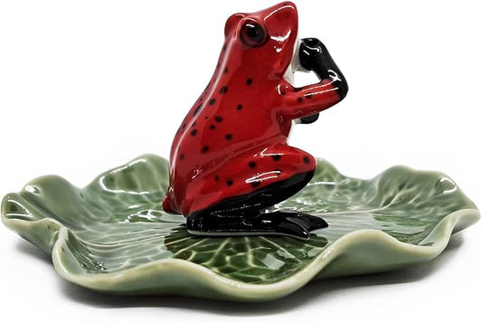 Tiny 2" High Red Black Frog On 4" Wide Lotus Leaf Incense Holder - Ceramic Incense Stick Tray Porcelain Miniature Handmade Animals Figurine Display Cute Mini Colorful Décor Gift