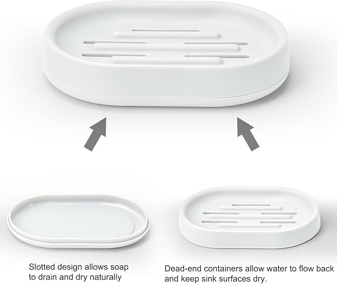 Topsky 2 Pack Soap Dish for Shower, Sink, Bathtub, Oval Plastic White Soap Bar Holder with Drain, Easy to Clean, Durable