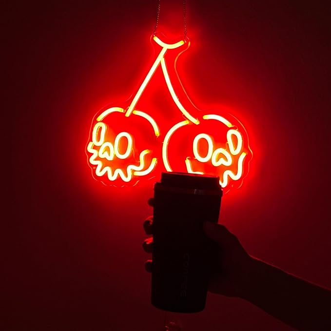 Skull Neon Sign,Cherry Wall Decor for Bedroom,Halloween Horror Decor,Gothic Red Light for Party,USB Powered Cherry Skull,Goth Lover Gifts-15"Red