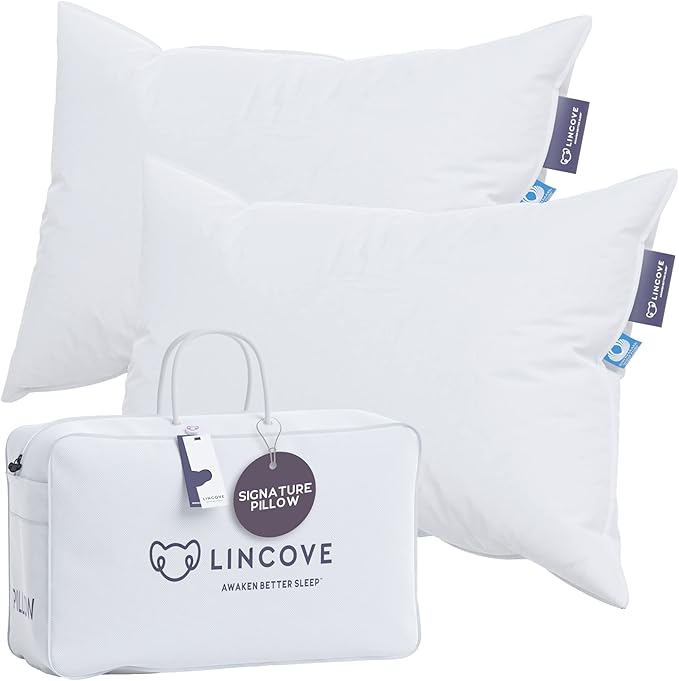 Lincove Signature 100% Natural Canadian White Down Luxury Sleeping Pillow - 800 Fill Power, 500 Thread Count Cotton Shell, Made in Canada, Queen - Medium, 2 Pack