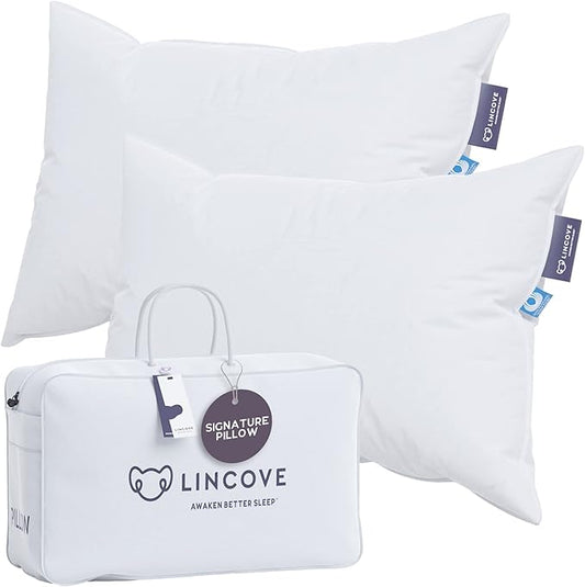 Lincove Signature 100% Natural Canadian White Down Luxury Sleeping Pillow - 800 Fill Power, 500 Thread Count Cotton Shell, Made in Canada, Queen - Medium, 2 Pack