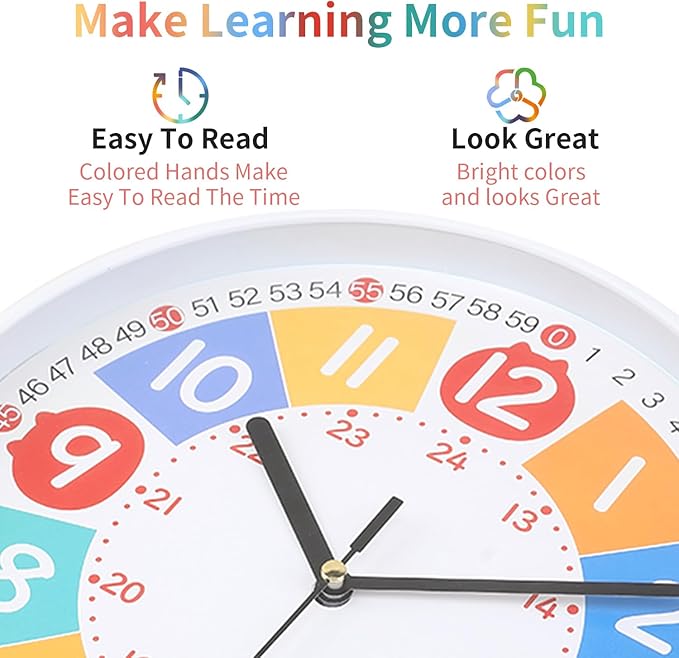 Wall Clock Modern Colorful Kid's Clock Small Silent Analog Round Simple Quiet Quartz Black Wall Clocks Battery Operated Non Ticking for Bathroom Office Garage School Colorful 9 Inch